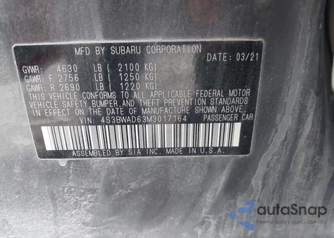 2021 Subaru Legacy Premium из США, поврежденный, VIN 4S3BWAD63M3017164